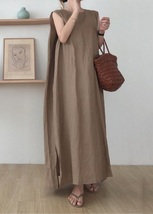 Simple Coffee O Neck Patchwork Cotton Maxi Dress Sleeveless LC0435 - fabuloryshop