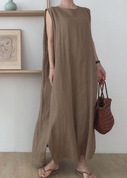 Simple Coffee O Neck Patchwork Cotton Maxi Dress Sleeveless LC0435 - fabuloryshop