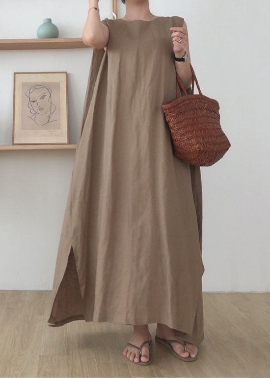Simple Coffee O Neck Patchwork Cotton Maxi Dress Sleeveless LC0435 - fabuloryshop