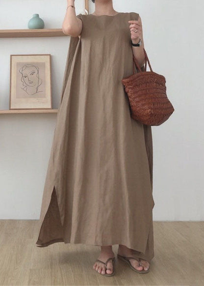 Simple Coffee O Neck Patchwork Cotton Maxi Dress Sleeveless LC0435 - fabuloryshop