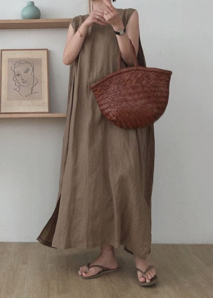 Simple Coffee O Neck Patchwork Cotton Maxi Dress Sleeveless LC0435 - fabuloryshop