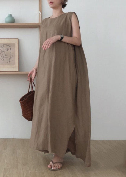 Simple Coffee O Neck Patchwork Cotton Maxi Dress Sleeveless LC0435 - fabuloryshop