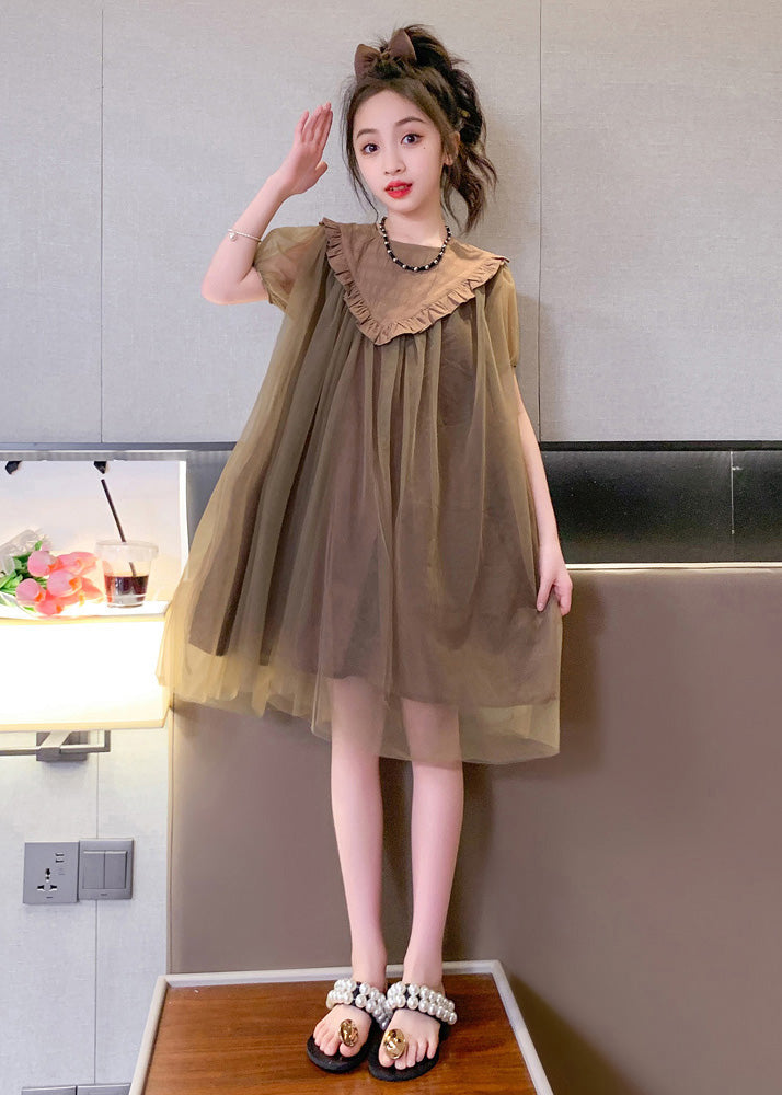 Simple Coffee O-Neck Patchwork Layered Tulle Kids Maxi Dresses Short Sleeve LY5458 - fabuloryshop