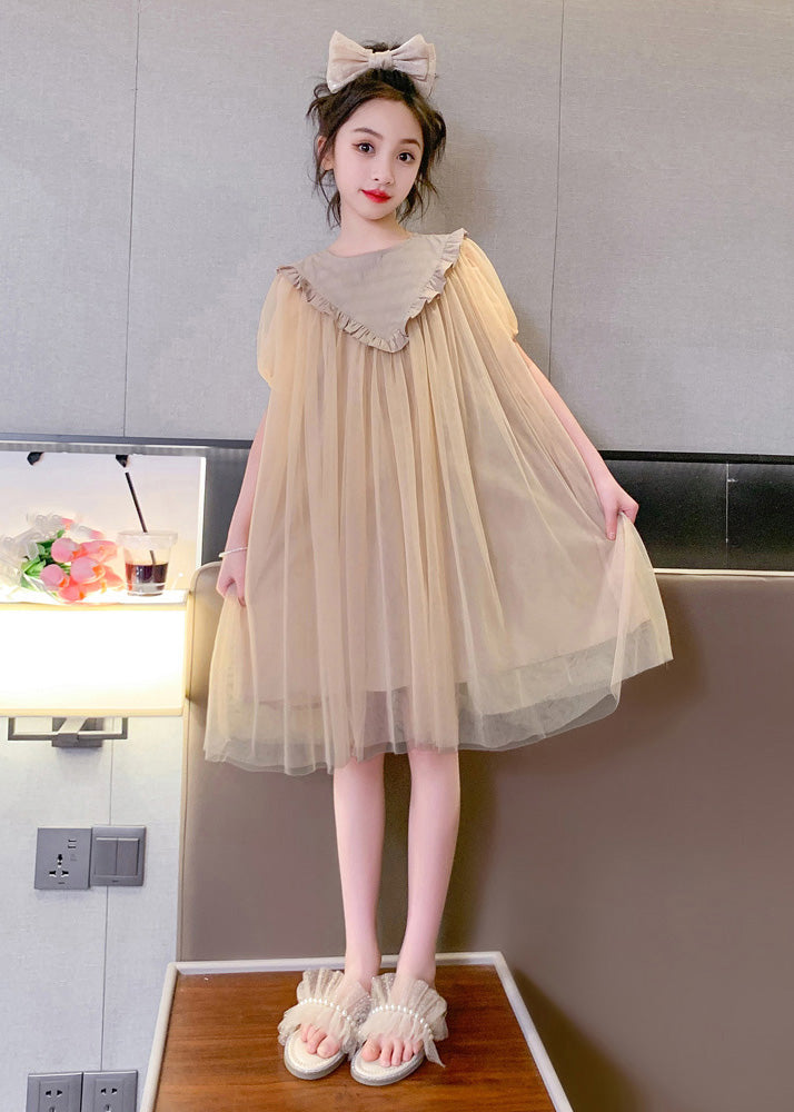 Simple Coffee O-Neck Patchwork Layered Tulle Kids Maxi Dresses Short Sleeve LY5458 - fabuloryshop