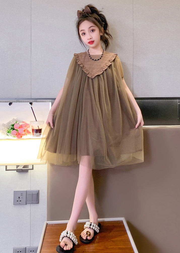 Simple Coffee O-Neck Patchwork Layered Tulle Kids Maxi Dresses Short Sleeve LY5458 - fabuloryshop