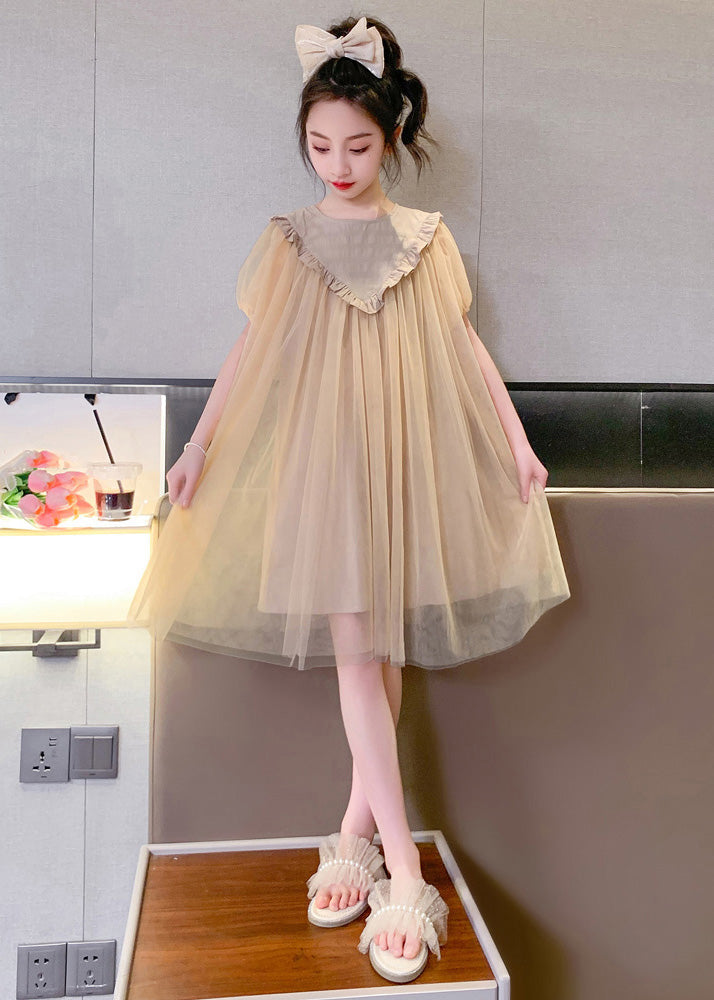 Simple Coffee O-Neck Patchwork Layered Tulle Kids Maxi Dresses Short Sleeve LY5458 - fabuloryshop