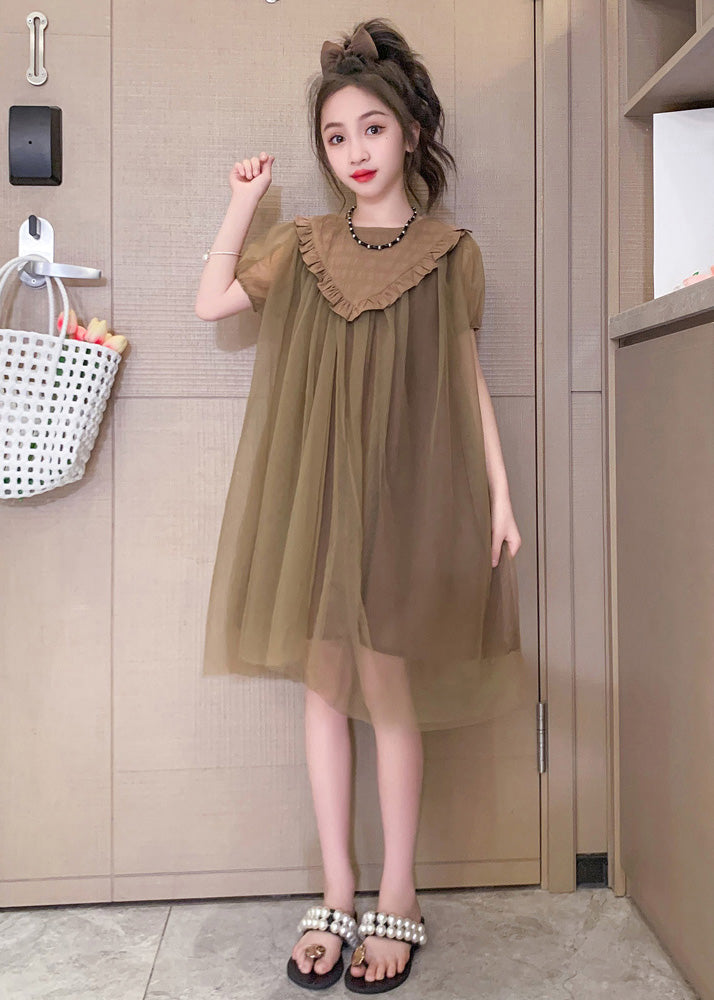 Simple Coffee O-Neck Patchwork Layered Tulle Kids Maxi Dresses Short Sleeve LY5458 - fabuloryshop