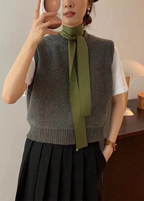 Simple Dark Gray O Neck Patchwork Knit Waistcoat Sleeveless Ada Fashion