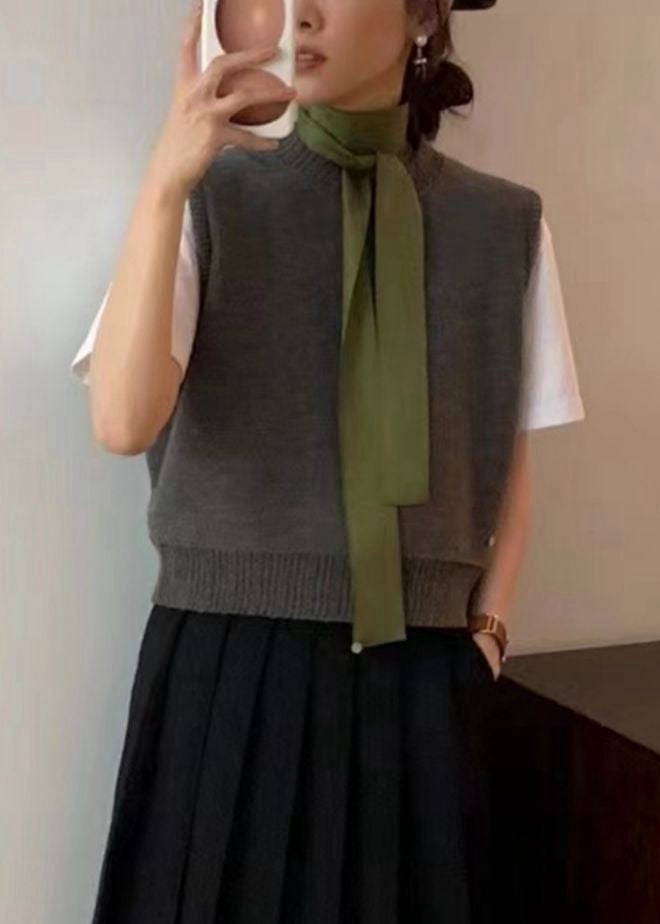 Simple Dark Gray O Neck Patchwork Knit Waistcoat Sleeveless Ada Fashion