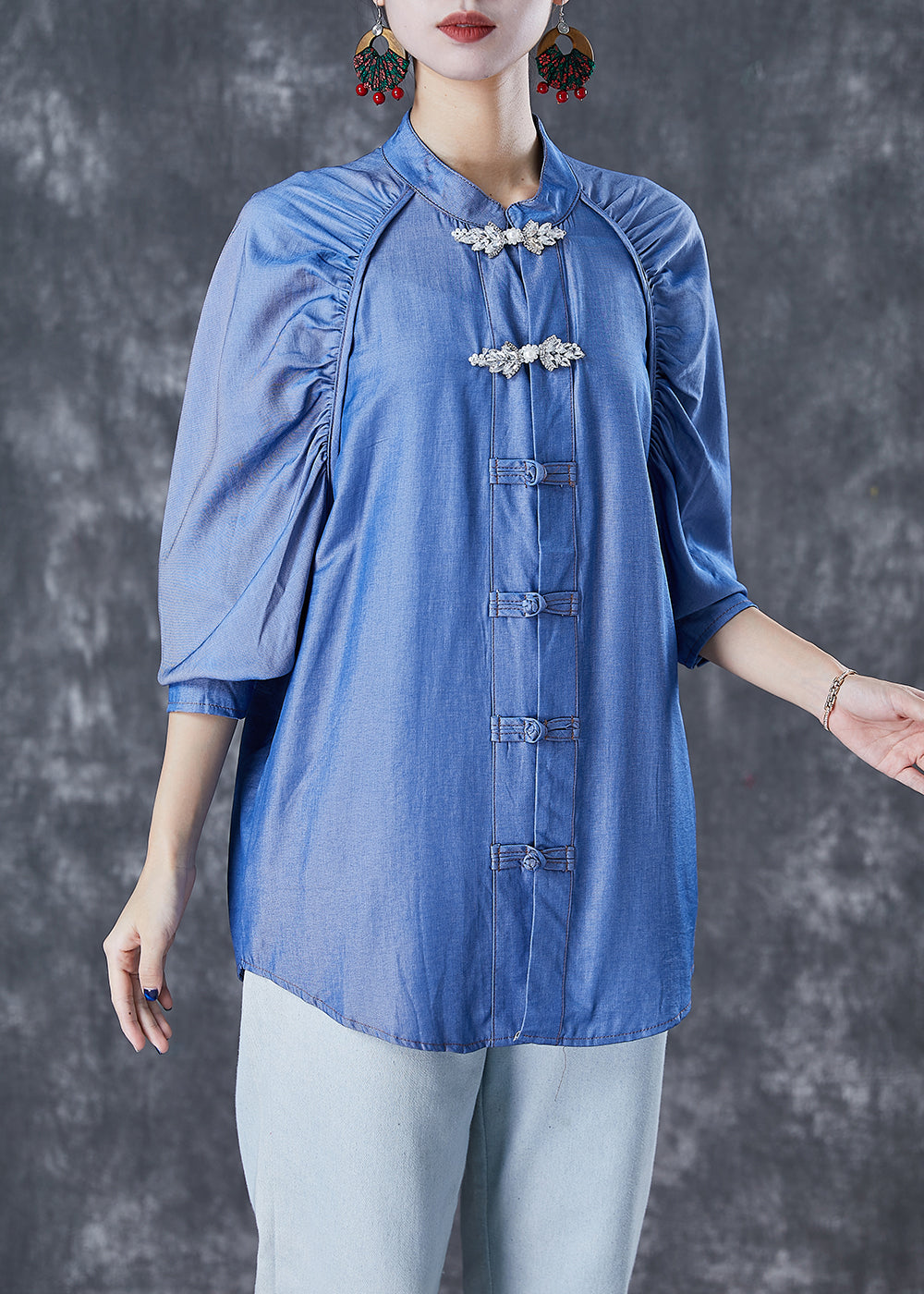 Simple Demin Blue Chinese Button Wrinkled Cotton Shirt Top Fall Ada Fashion