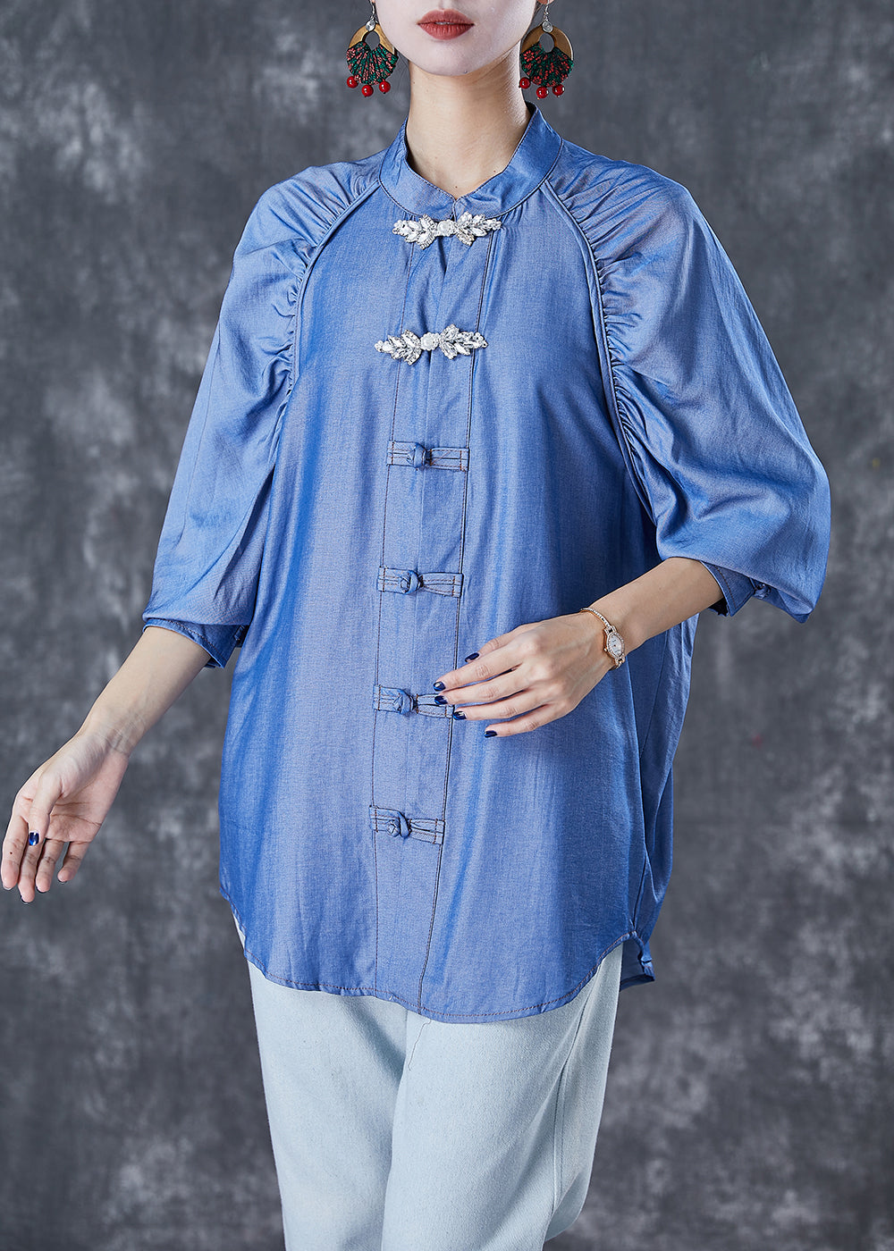 Simple Demin Blue Chinese Button Wrinkled Cotton Shirt Top Fall Ada Fashion