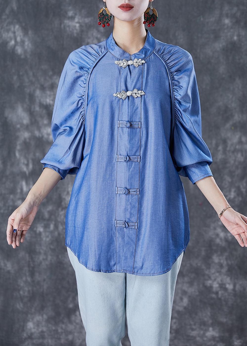 Simple Demin Blue Chinese Button Wrinkled Cotton Shirt Top Fall Ada Fashion