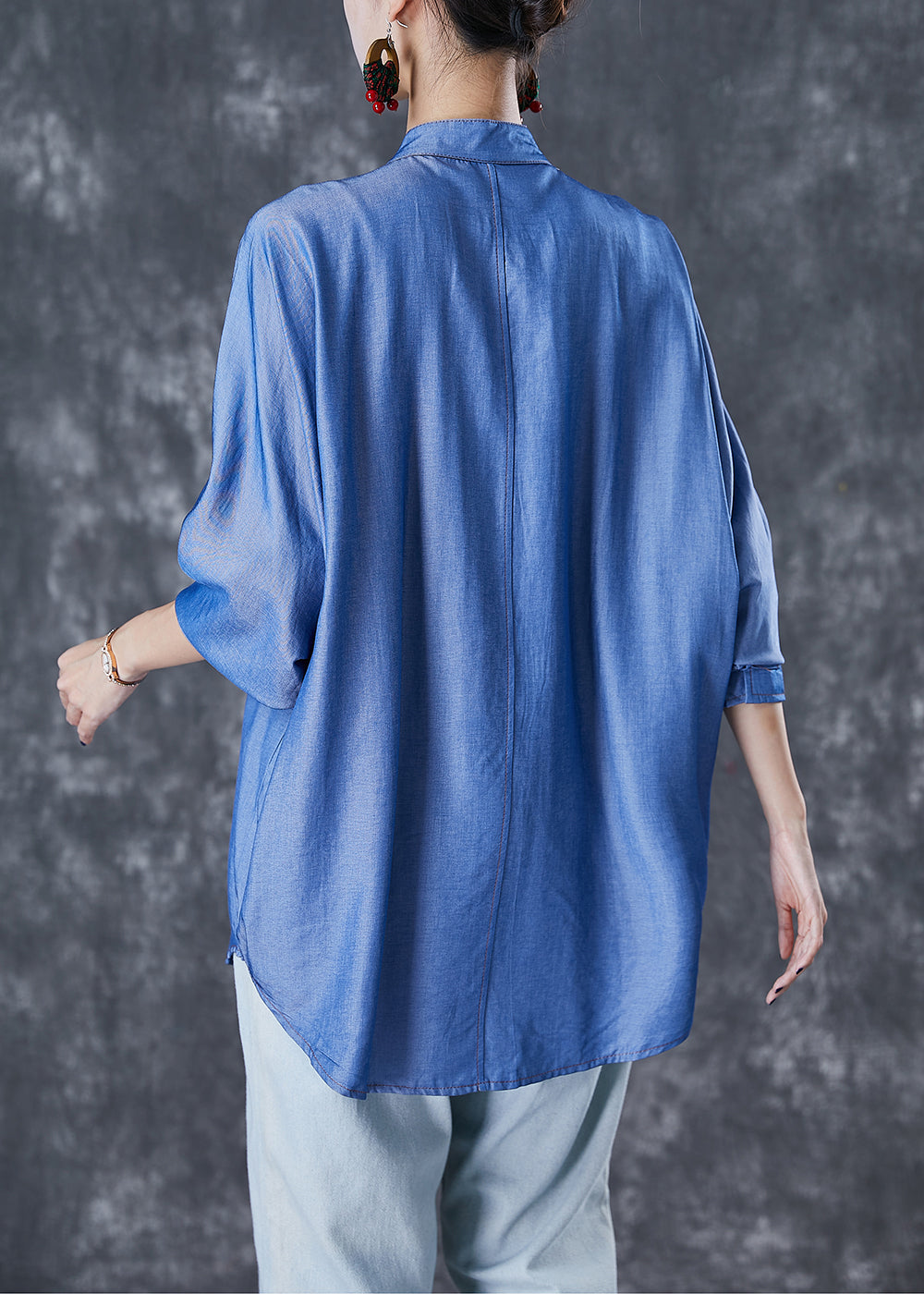 Simple Demin Blue Chinese Button Wrinkled Cotton Shirt Top Fall Ada Fashion