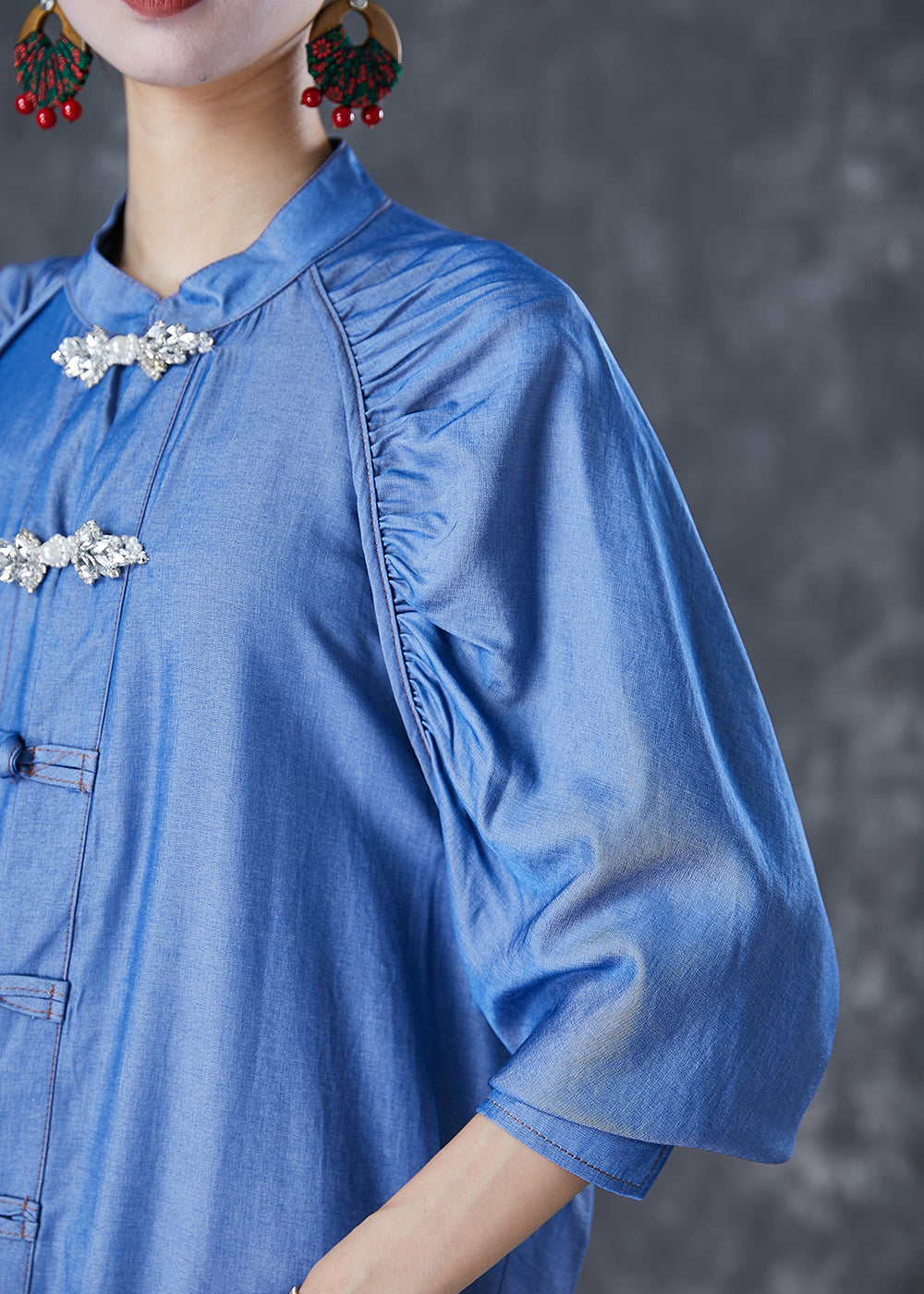 Simple Demin Blue Chinese Button Wrinkled Cotton Shirt Top Fall Ada Fashion