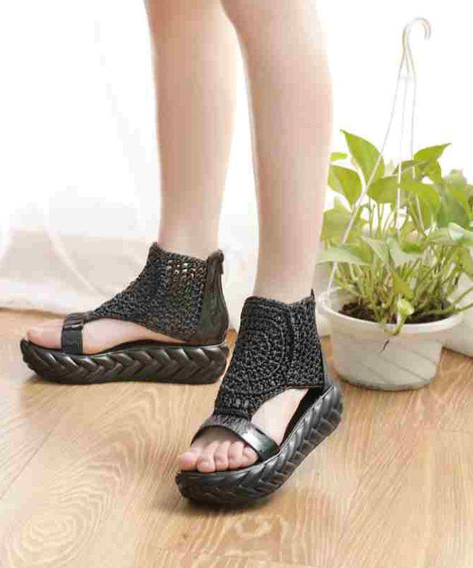 Simple Faux Leather Splicing Platform Sandals Black Knit Fabric LY1747 - fabuloryshop