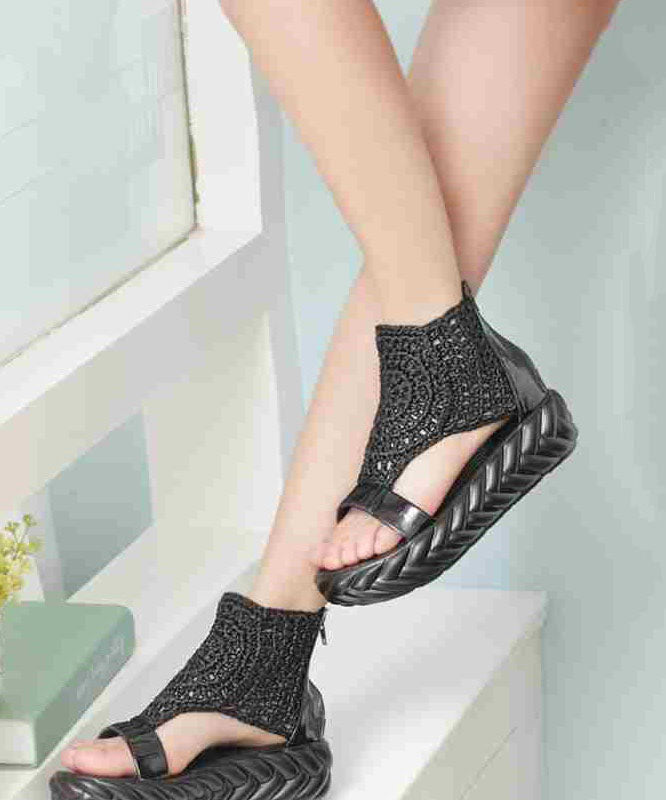 Simple Faux Leather Splicing Platform Sandals Black Knit Fabric LY1747 - fabuloryshop