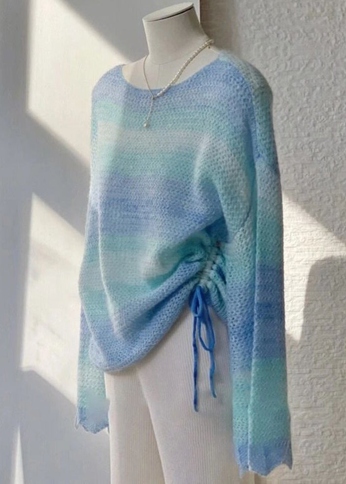 Simple Gradient Color O Neck Drawstring Patchwork Knit Top Fall Ada Fashion