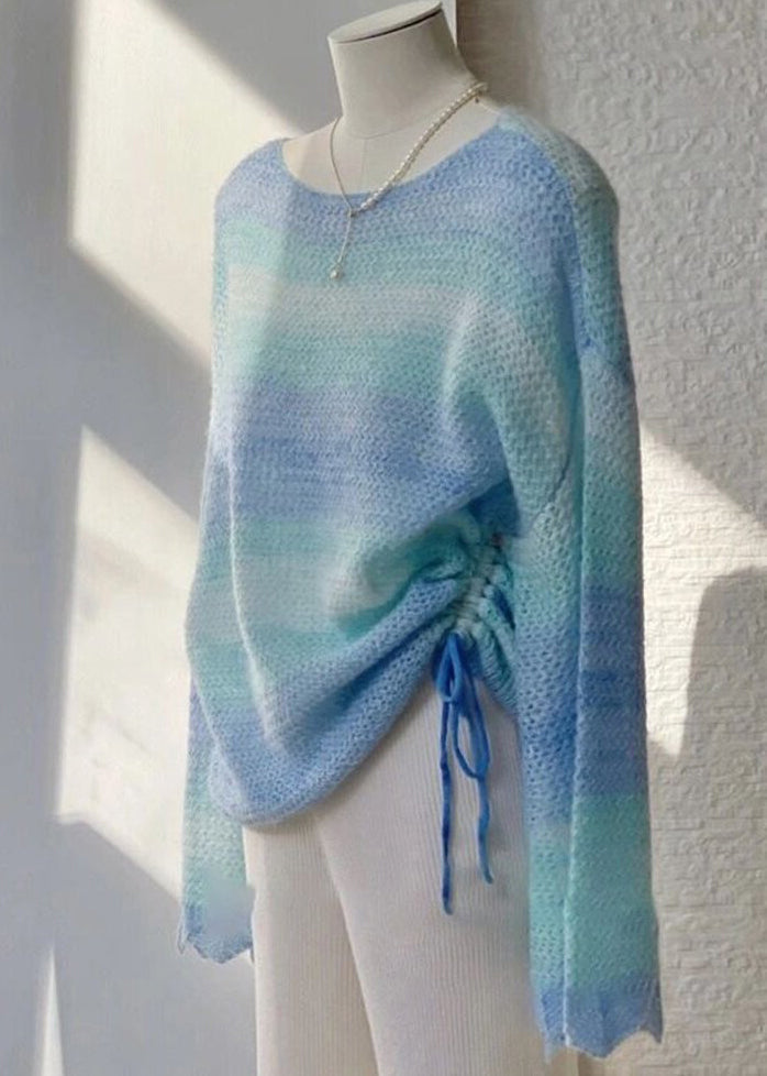 Simple Gradient Color O Neck Drawstring Patchwork Knit Top Fall Ada Fashion