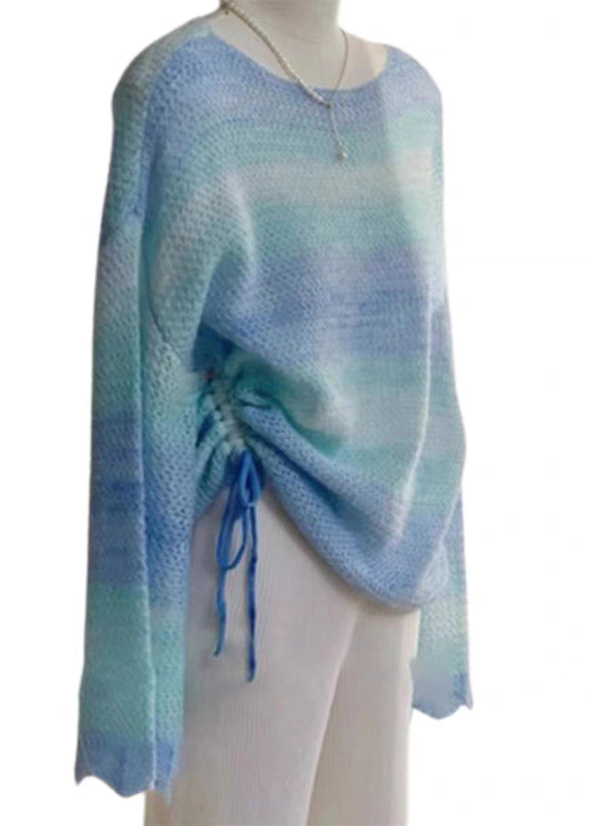 Simple Gradient Color O Neck Drawstring Patchwork Knit Top Fall Ada Fashion