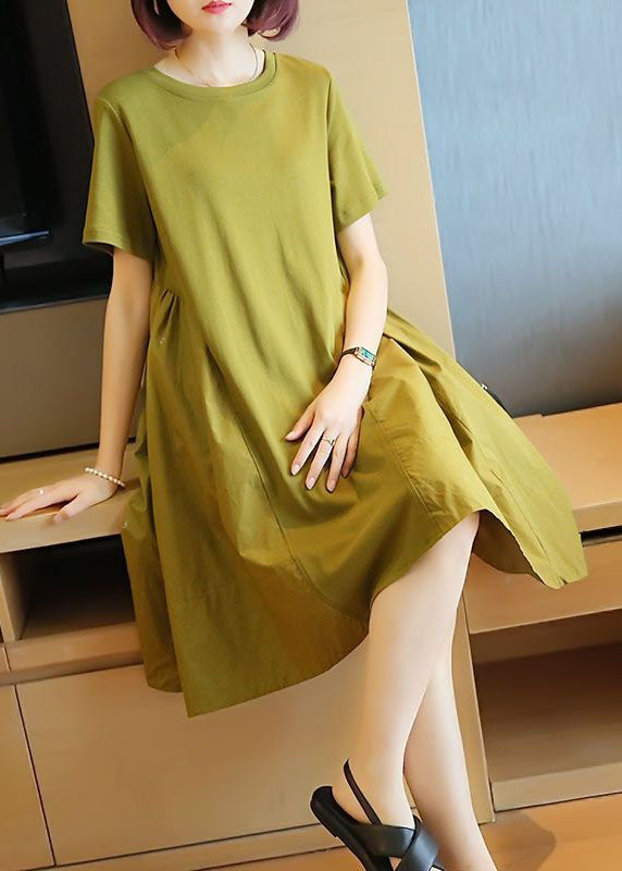 Simple Grass Green O-Neck Patchwork Exra Large Hem Cotton Dress Summer LY1419 - fabuloryshop