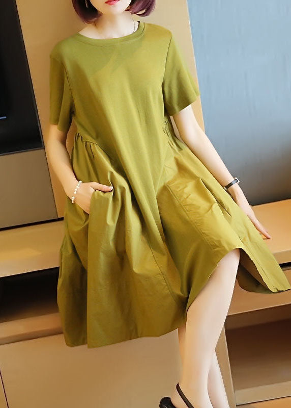 Simple Grass Green O-Neck Patchwork Exra Large Hem Cotton Dress Summer LY1419 - fabuloryshop