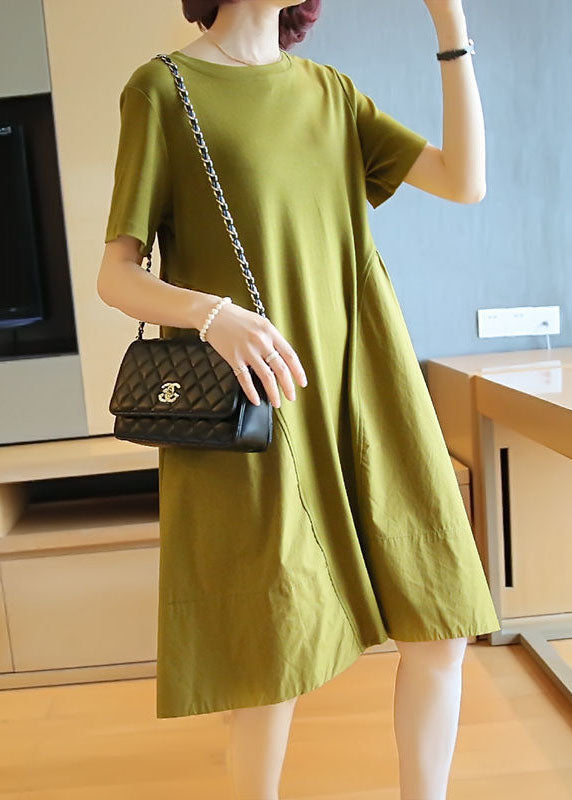 Simple Grass Green O-Neck Patchwork Exra Large Hem Cotton Dress Summer LY1419 - fabuloryshop