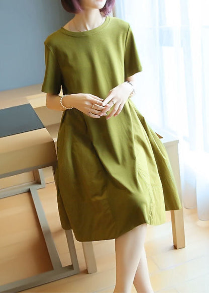 Simple Grass Green O-Neck Patchwork Exra Large Hem Cotton Dress Summer LY1419 - fabuloryshop