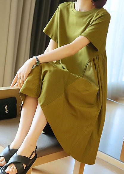 Simple Grass Green O-Neck Patchwork Exra Large Hem Cotton Dress Summer LY1419 - fabuloryshop