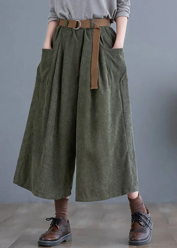 Simple Green Elastic Waist Pockets Corduroy Pants Fall Ada Fashion