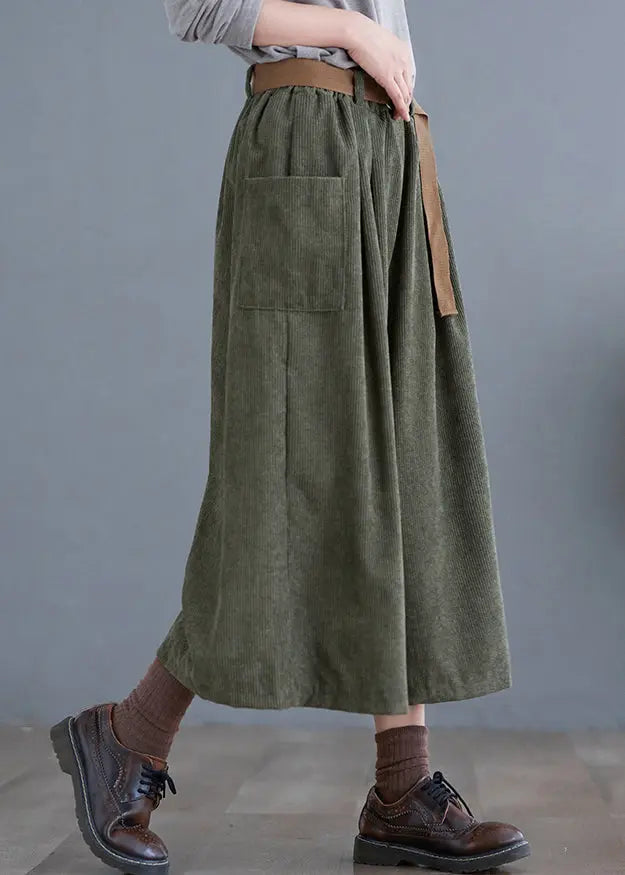 Simple Green Elastic Waist Pockets Corduroy Pants Fall Ada Fashion