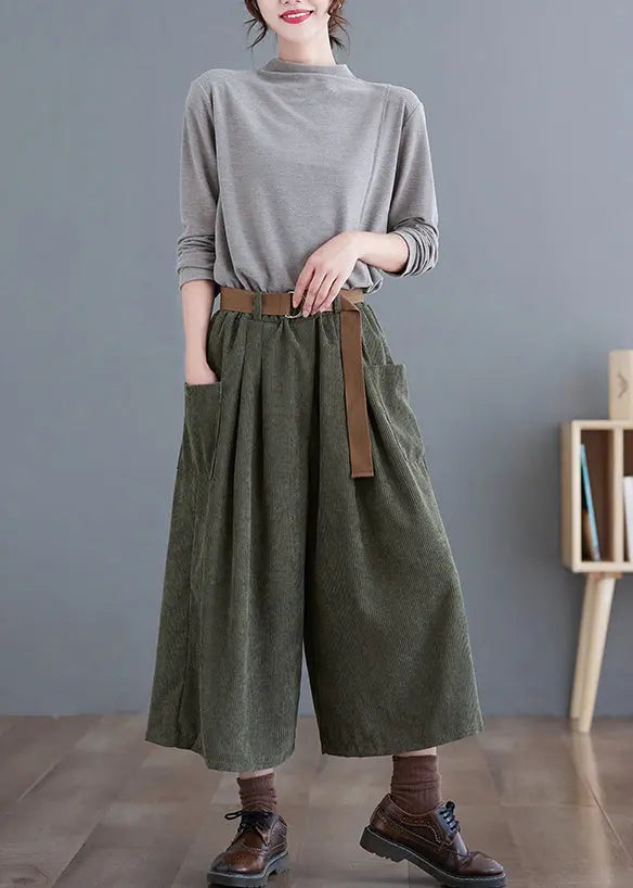 Simple Green Elastic Waist Pockets Corduroy Pants Fall Ada Fashion
