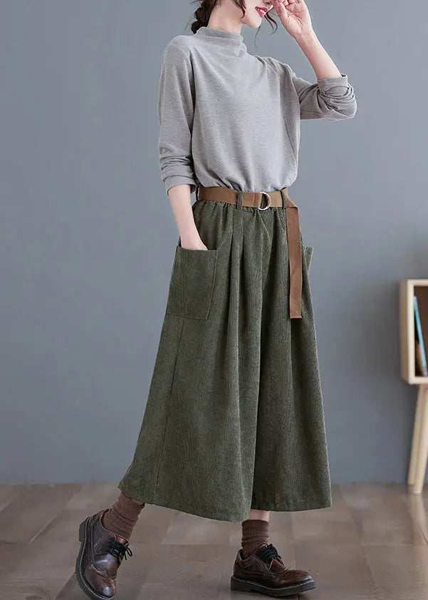 Simple Green Elastic Waist Pockets Corduroy Pants Fall Ada Fashion