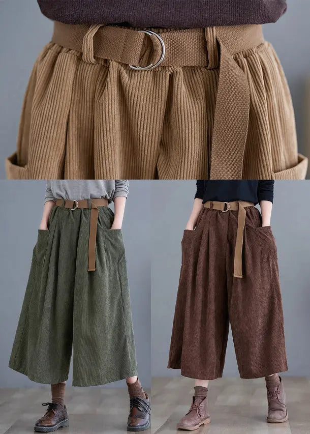 Simple Green Elastic Waist Pockets Corduroy Pants Fall Ada Fashion