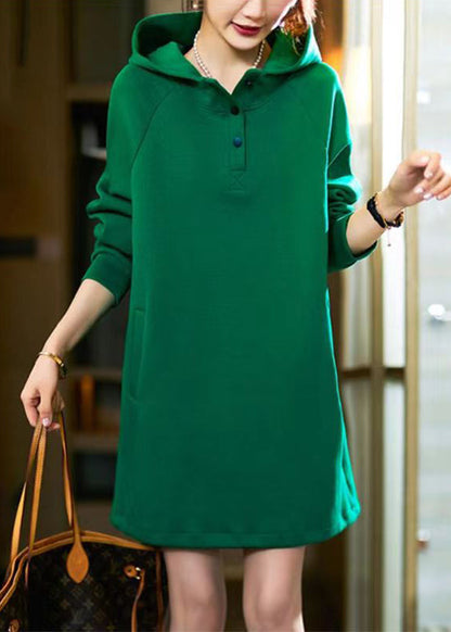 Simple Green Hooded Pockets Patchwork Cotton Dress Long Sleeve Ada Fashion