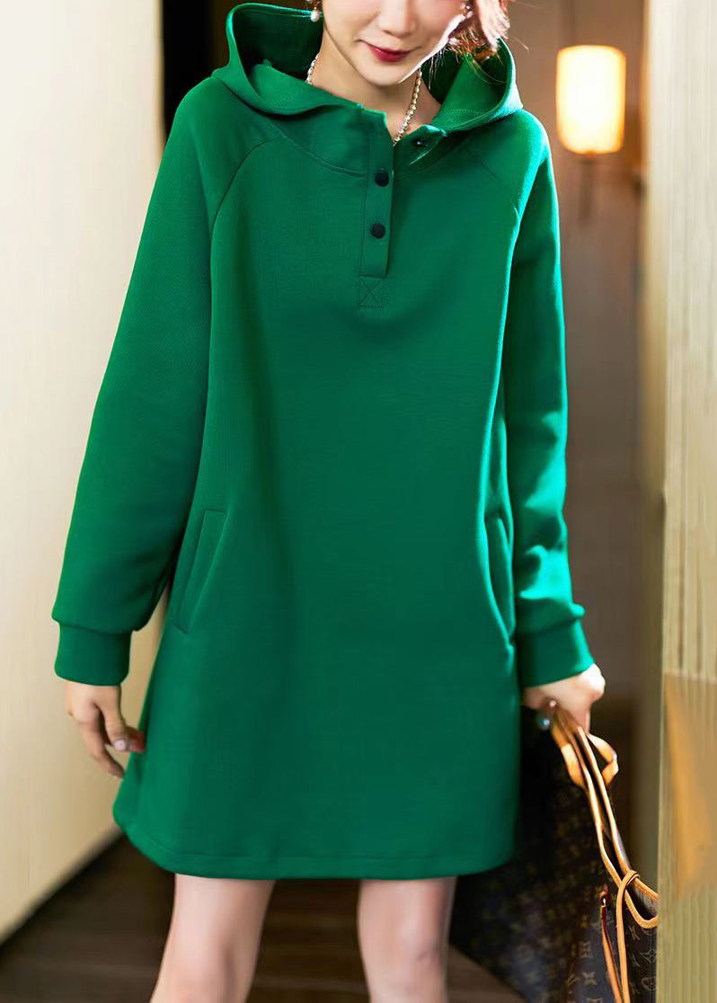 Simple Green Hooded Pockets Patchwork Cotton Dress Long Sleeve Ada Fashion