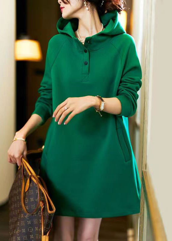 Simple Green Hooded Pockets Patchwork Cotton Dress Long Sleeve Ada Fashion