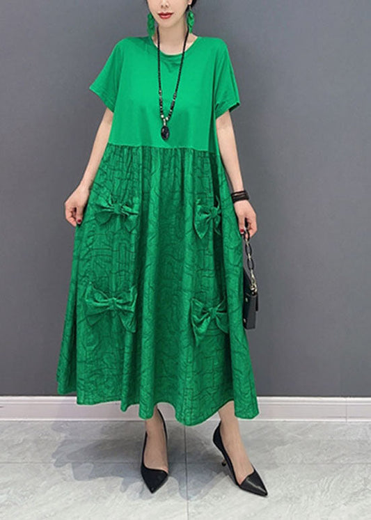 Simple Green O-Neck Patchwork Jacquard Cotton Long Dresses Summer LY1572 - fabuloryshop