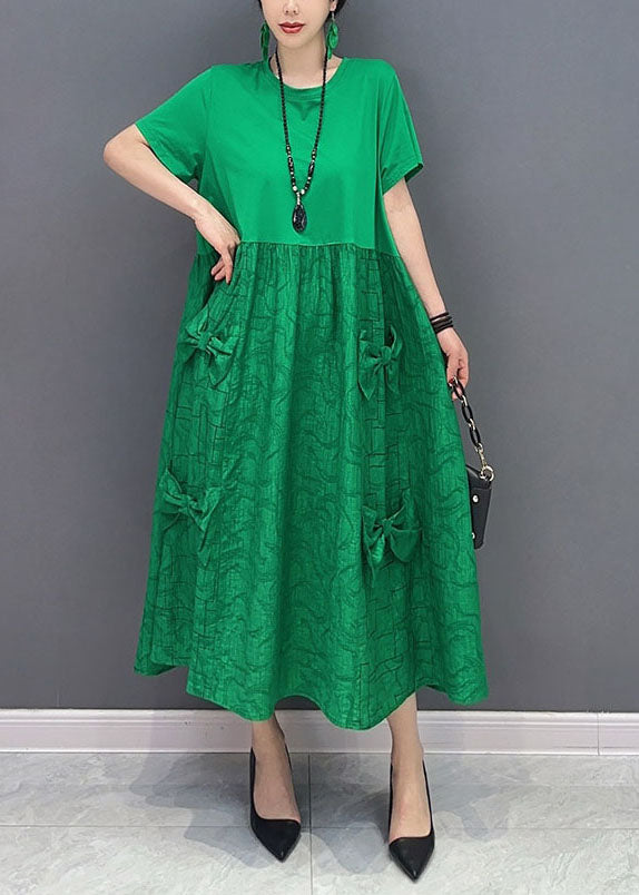 Simple Green O-Neck Patchwork Jacquard Cotton Long Dresses Summer LY1572 - fabuloryshop