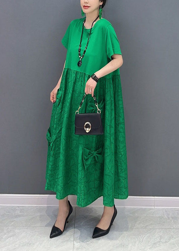 Simple Green O-Neck Patchwork Jacquard Cotton Long Dresses Summer LY1572 - fabuloryshop