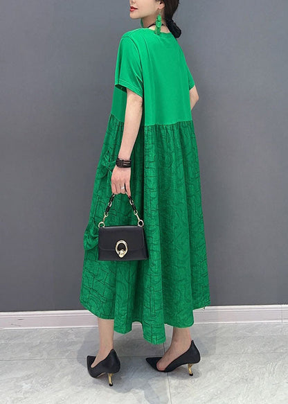 Simple Green O-Neck Patchwork Jacquard Cotton Long Dresses Summer LY1572 - fabuloryshop