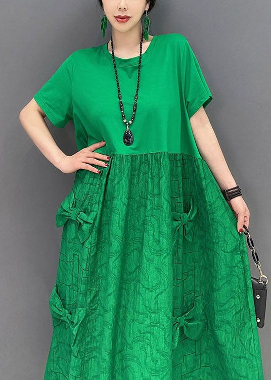 Simple Green O-Neck Patchwork Jacquard Cotton Long Dresses Summer LY1572 - fabuloryshop