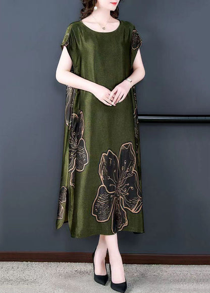 Simple Green O Neck Print Patchwork Silk Long Dresses Summer LY5902 - fabuloryshop