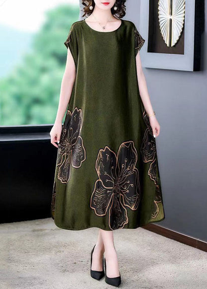 Simple Green O Neck Print Patchwork Silk Long Dresses Summer LY5902 - fabuloryshop