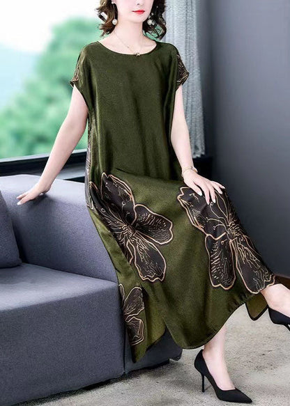 Simple Green O Neck Print Patchwork Silk Long Dresses Summer LY5902 - fabuloryshop