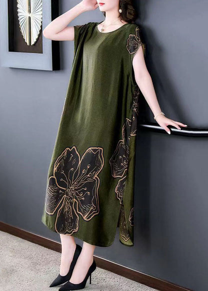 Simple Green O Neck Print Patchwork Silk Long Dresses Summer LY5902 - fabuloryshop