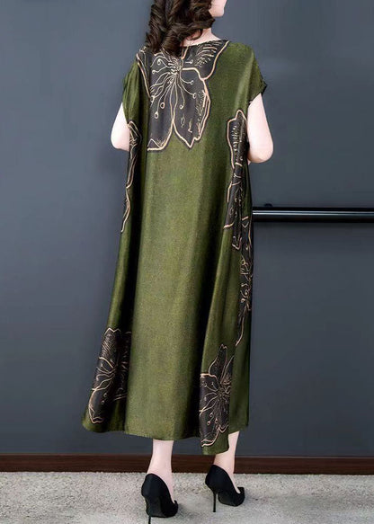 Simple Green O Neck Print Patchwork Silk Long Dresses Summer LY5902 - fabuloryshop