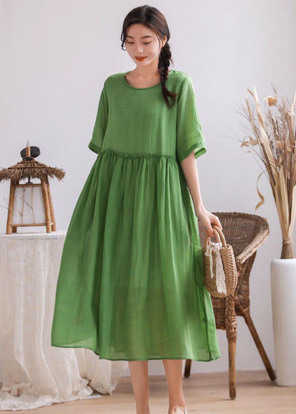 Simple Green O Neck Wrinkled Patchwork Linen Dress Summer LY2496 - fabuloryshop