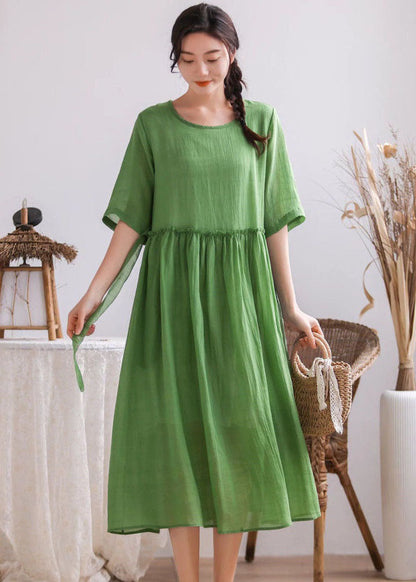 Simple Green O Neck Wrinkled Patchwork Linen Dress Summer LY2496 - fabuloryshop