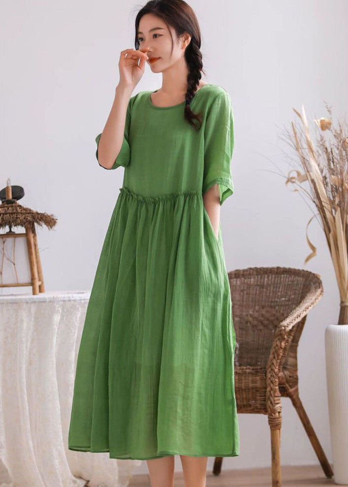 Simple Green O Neck Wrinkled Patchwork Linen Dress Summer LY2496 - fabuloryshop