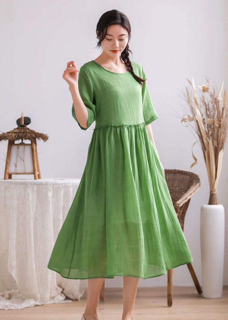 Simple Green O Neck Wrinkled Patchwork Linen Dress Summer LY2496 - fabuloryshop